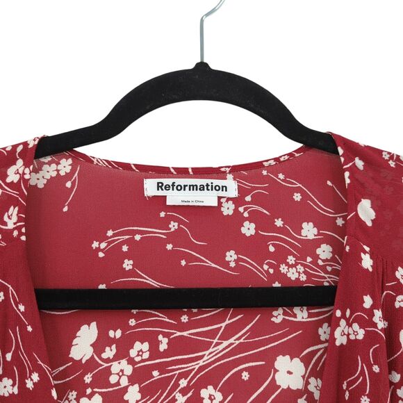 REFORMATION Women L Susanna Dress Bryce Red Floral Wrap Midi V Neck NEW - Picture 4 of 7